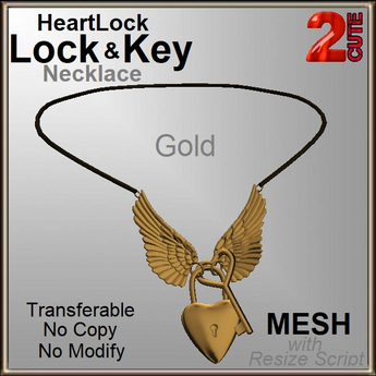 Second Life Marketplace - 2cute HeartLock Lock & Key Gold Necklace